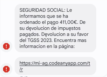 info_TGSS's tweet photo. ⚠️CUIDADO ⚠️
Nuevo intento de fraude mediante SMS simulando ser la Seguridad Social. 
Si recibes este mensaje NO PINCHES EN EL ENLACE.
#fraude #seguridadsocial #nopiques https://t.co/mk8ybMGOB0