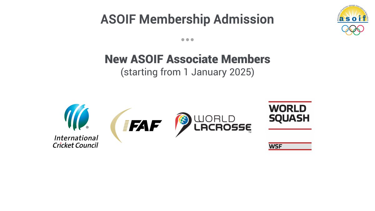 The ASOIF General Assembly just granted Associate Membership to the International Cricket Council @ICC, International Federation of American Football @IFAFMedia, World Lacrosse @WorldLacrosse and World Squash @WorldSquash, taking effect on 1 January 2025.