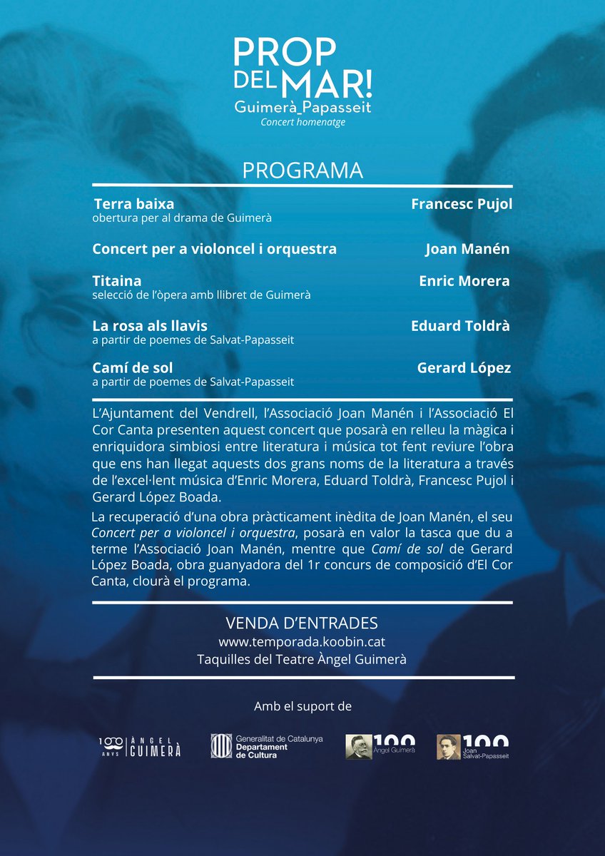 🎵🎶 Ds. 27 d'abril el Teatre Àngel Guimerà del Vendrell acollirà un dels concerts Prop del Mar! d’homenatge a Guimerà i Papasseit 👉 Venda d'entrades a partir del dv. 12 d'abril a les 10 h a temporada.koobin.cat/propdelmar ℹ️ tuit.cat/7iJaK @CulturaVendrell @JoanManen