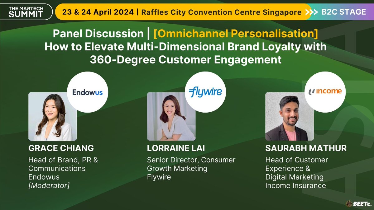 #B2C Stage at The MarTech Summit Asia @Singapore on 23 & 24 April - Join Grace Chiang, #Endowus, Lorraine Lai, #Flywire & Saurabh Mathur, #Income in a panel discussion on #OmnichannelPersonalisation👏 📌 Full agenda: ow.ly/WxQE50R2hW1