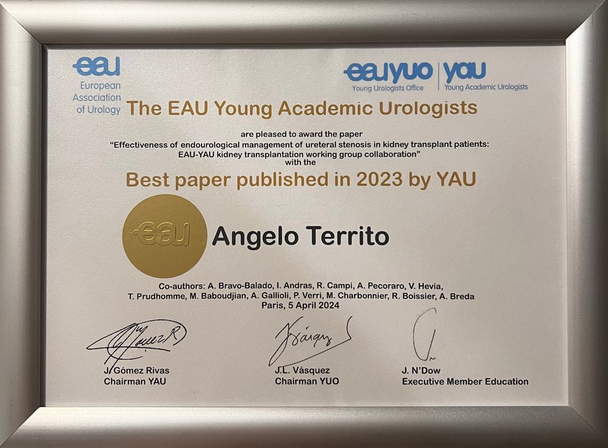 Congratulations, @AngeloTerrito for 'Best Paper published in 2023 by #YAU' Award🏅 #Endourology #ureteralstenosis #patients #KidneyTransplant @YAU_Transplant #EAU24 In this work also participated @a_bravo_balado, @agallioli& @AlbertoBreda1 from #UroPuigvert+fellow @paoloverri05