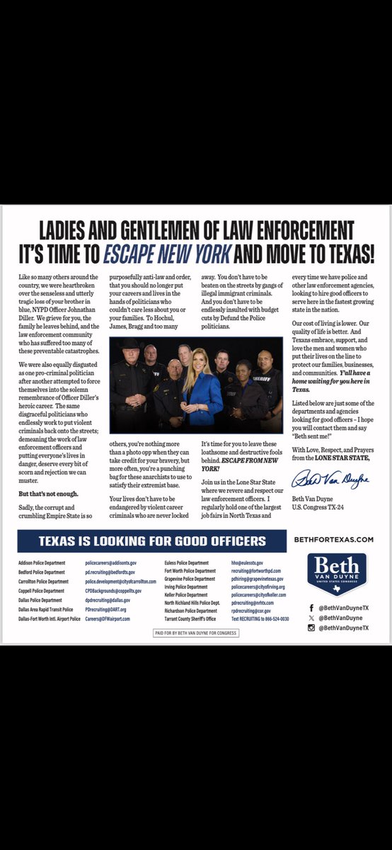 NEW: @RepBethVanDuyne buys full page ad in New York Post encouraging New York City police officers to “Escape New York and move to Texas.” The 24th District Congresswoman from N. Texas includes 15 law enforcement agencies in the DFW area looking for officers. @CBSNewsTexas