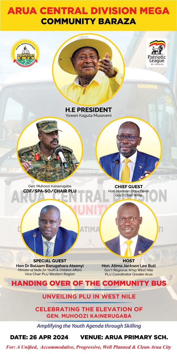 Hon. @AtimaCc Mp Arua Central Div. and @Pl_uganda Coordinator Greater Arua Hosts Arua Central Division Mega Community Baraza, chief guest @HamsonObua, special guest will be Hon. @BalaamAteenyiDr, PLU special team @LillianAber. We welcome everyone. @mkainerugaba @DaudiKabanda