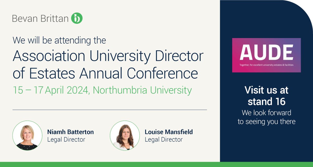 Will you be attending @AUDE_news conference 2024? Our #HigherEducation team will be visiting Northumbria University for what promises to be another great event. Come and say hello to us at stand 16 lnkd.in/enDQ9TFh #highereducation #propertylawyer #constructionlawyer