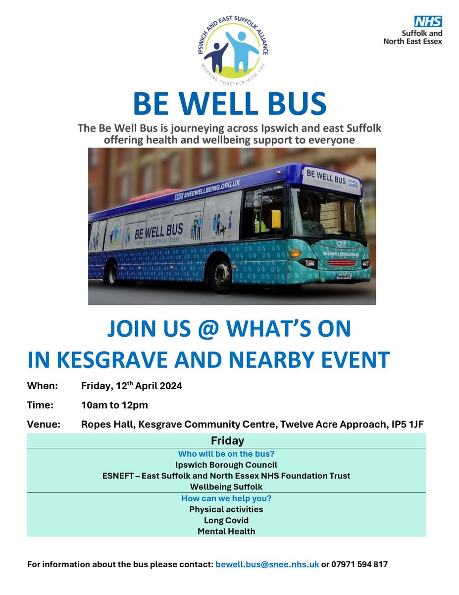 The BeWell 'bus will be in #Felixstowe on Thursday and #Kesgrave on Friday - hope to see you. @ESNEFT @connectsuffolk @AceAnglia @FelixstoweTC @Wellbeing_Suff