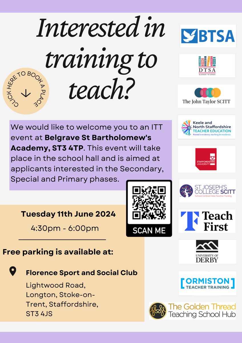 Come and visit us at the upcoming ITT recruitment event in June! To book a place please scan the QR code⬇️

Inspire the next generation!!🌟

#getintoteaching #traintoteach