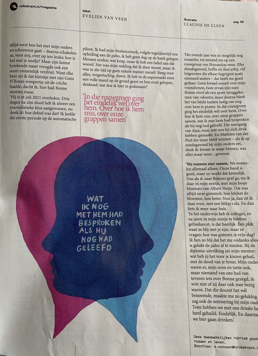 Ontroerend en herkenbaar: het verhaal van Annemarie in de <a href="/volkskrant/">de Volkskrant</a> geeft een mooi beeld van rouw en de kracht van steun in moeilijke tijden. #Humanitas biedt een luisterend oor en ondersteuning bij verlies. Lees meer over hoe we samen rouwen in de Volkskrant.