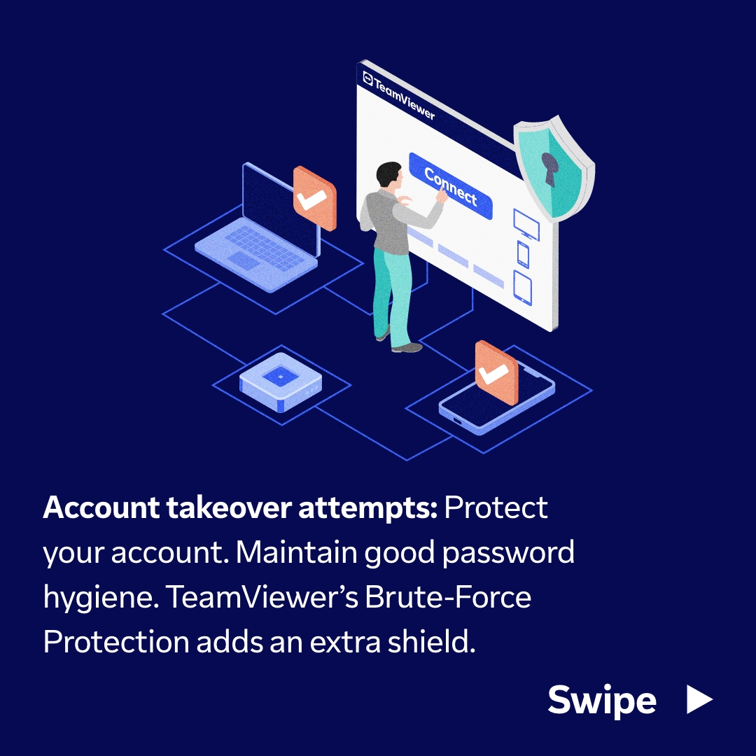 🚨 Be Aware of Scams! 🚨 At #TeamViewer we are constantly working to make sure you are protected and have all the tools to fight fraud. Check out a few common scams and how to shield yourself from them ⬇️