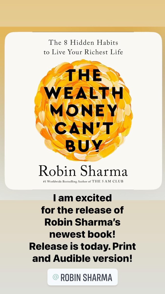 Release is today! Congratulations to you @RobinSharma! I have purchased both a hard copy of the book and the Audible version! ⭐️⭐️⭐️⭐️⭐️ #BookRelease #RobinSharma #Author #TheWealthMoneyCantBuy
