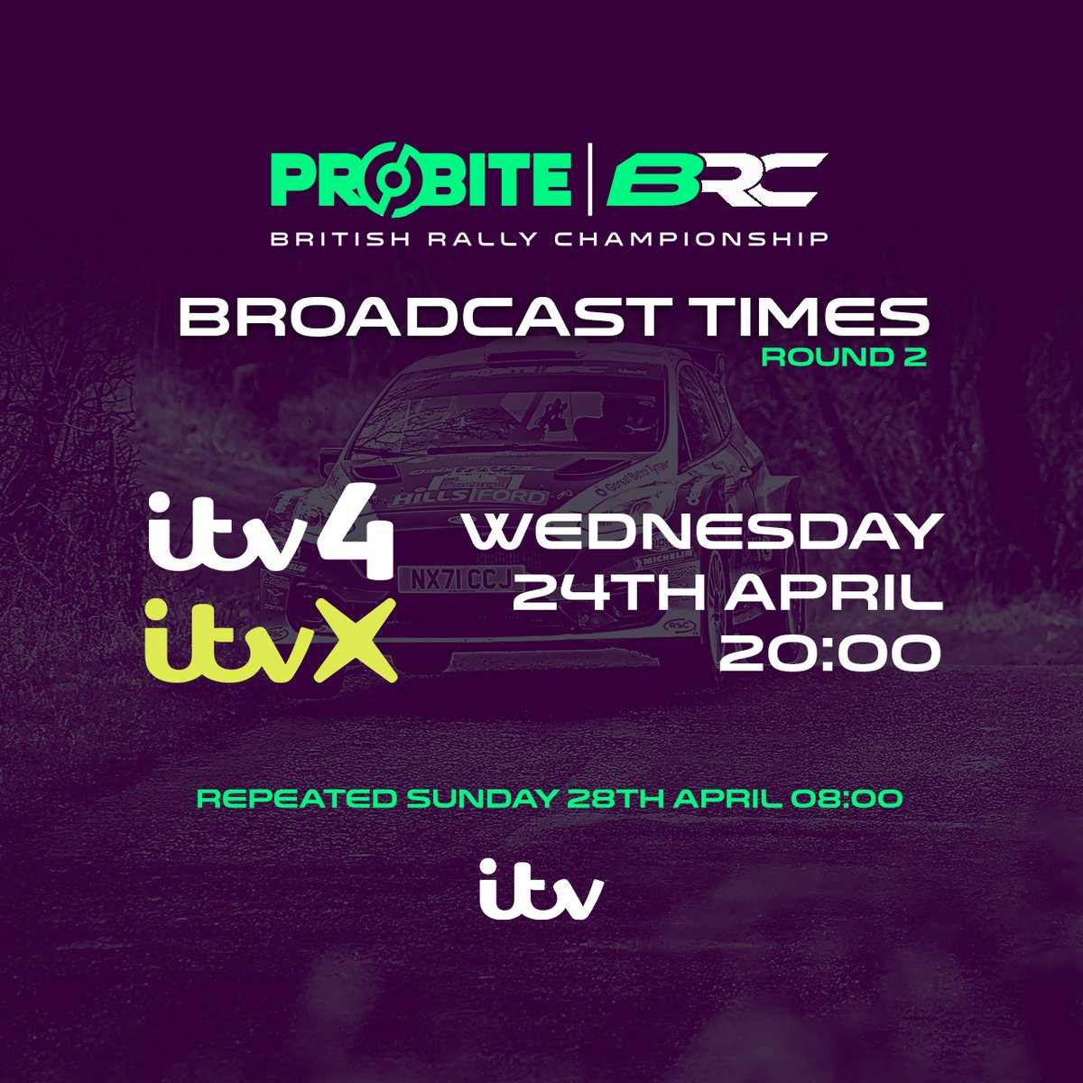 📺 @ProbiteBrakes #BRC - Round 2 -@RallynutsStages TV times 📺 Time to set your reminders again, as the breathtaking Welsh gravel of round 2 hits your TV screens on Wednesday 24th April at 20:00. Catch the action on ITV4 & ITVX, repeated Sunday 28th April at 08:00. #BRCRally