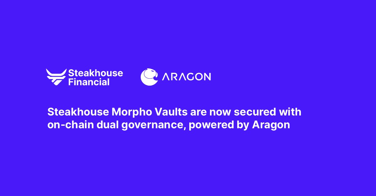 All Steakhouse @MorphoLabs vaults are now secured with an @AragonProject DAO Along with a 7-day timelock, on-chain dual governance protects vault users This mitigates potential attack vectors that vaults w/o guardians and with short time locks are exposed to