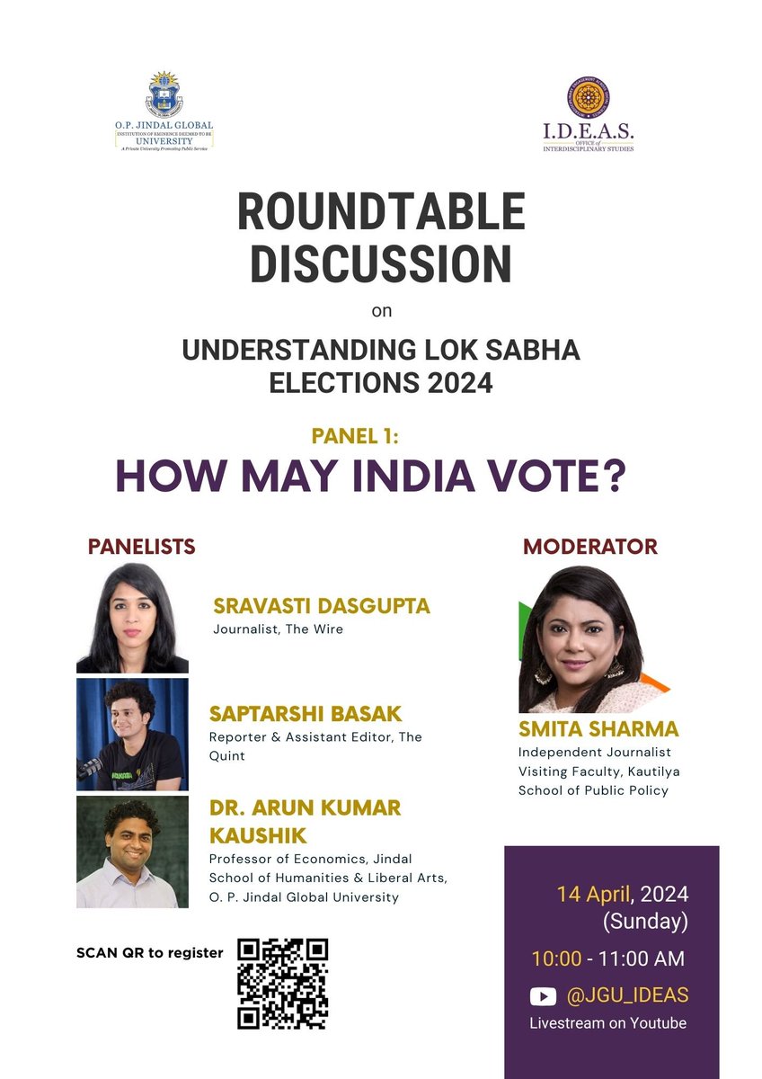 Look forward to moderating this discussion on 14 April on #GeneralElections2024 .Kindly register to attend & ask Qs. @SravastiDasgup2 @wannabhistorian @arunkaush @JindalGlobalUNI #IndiaVotes