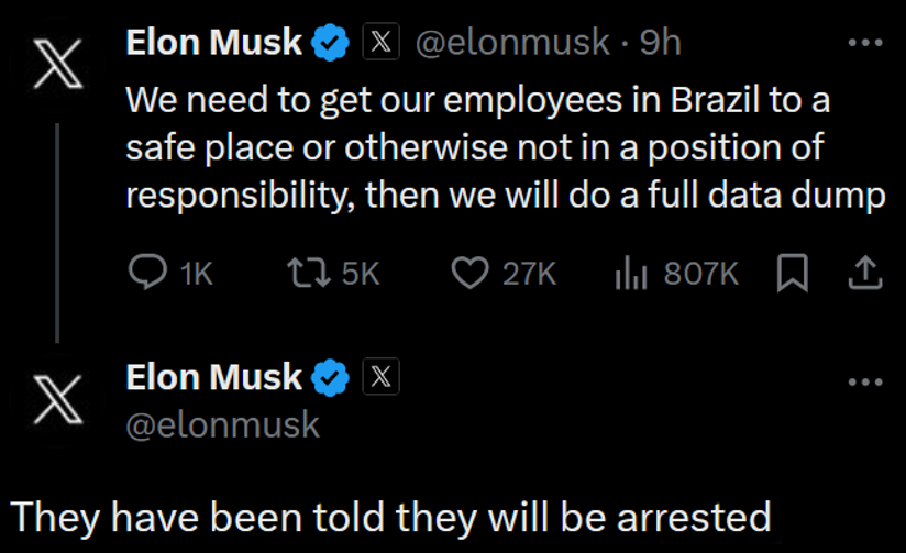 Elon Musk vs. dictator Lula and Alexandre de Moraes in Brazil: They're investigating Elon and 𝕏 for obstruction of justice, incitement to crime, and fake news on 𝕏. 𝕏 Employees face arrest in the Free Speech Battle! Brazil to end all contracts with Starlink. Twitter 1.0…