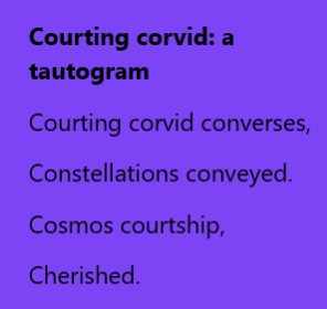 emma_datson's tweet photo. Hey #poetrycommunity here is my #Day9 response to the #2024EkphrasticPoetryChallenge hosted by @PaulDragonwolf1 . Today I am responding to the wonderful 'Courting Corvid' by Sara Bell @ArtistreesS
#tautogram #australianpoetry #ekphrasticpoetry #PoetryMonth https://t.co/1Knx7y9O1Q