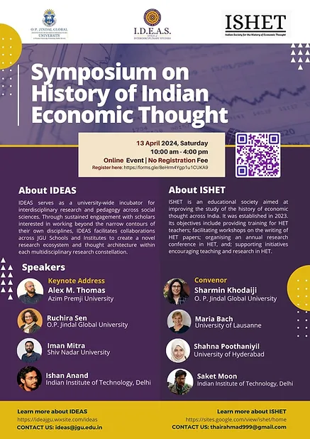 The Office of Interdisciplinary Studies (@jguideas) is holding an Online Symposium on History of Indian Economic Thought. The keynote address is by @alexmthomas. Other speakers @RuchiraSen67 @ishanjsr @saketmoon @shahna_p @mvsbach Iman Mitra See thread for schedule and abstracts