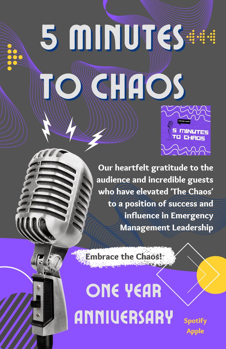 One year ago, after months of planning, 5 Minutes to Chaos was launched. Thank you to the audience and a shout out and special thank you to the guests who bring their Crisis Management stories to the “Chaos”!

#emgtwitter #emergencymanagement #crisismanagement