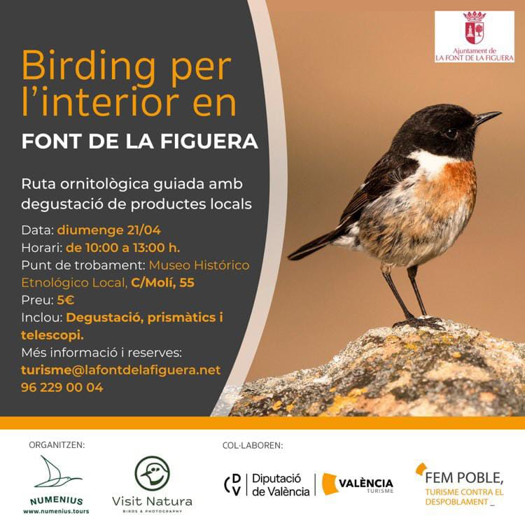 ¿Te apuntas a una ruta ornitológica guiada con degustación de productos locales en la #FontdelaFiguera, el 21 de abril?
📧turisme@lafontdelafiguera.net 📞962290004

@Numenius_tours @VisitNatura #València #Valènciaturisme #ComunitatValenciana