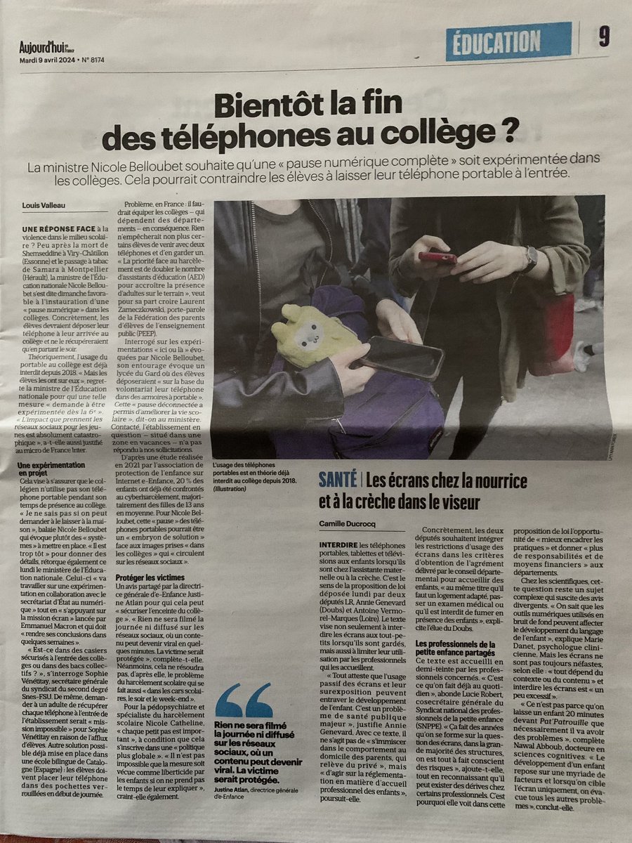 Les collégiens bientôt privés de leurs #portables ? La ministre #NicoleBelloubet souhaite qu'une « pause numérique complète » soit expérimentée dans les collèges. Cela pourrait contraindre les élèves à laisser leur téléphone portable à l'entrée. 👇🏼