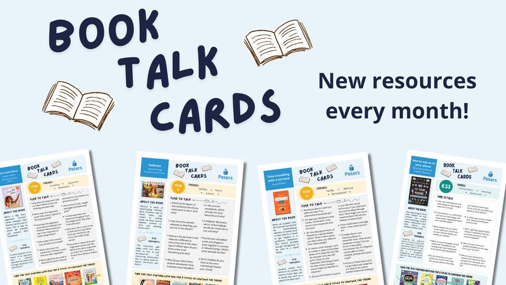 NEW Book Talk cards for April! ☔️ Featured authors and illustrators this month include Joseph Coelho, Ross Welford and Catherine Rayner. Download for free: peters.co.uk/book-talk Use these cards to help build a reading community in your school 📚️