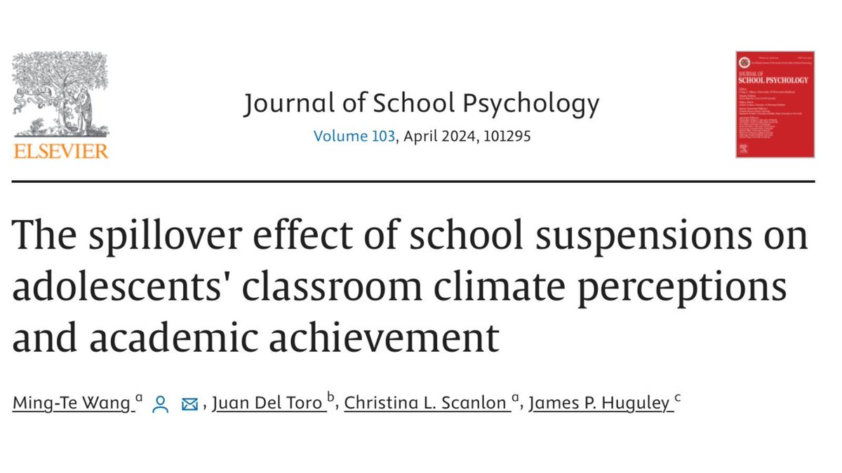 Proponents of detention / suspension argue that it's not fair for badly behaved students to interfere w/ the learning of the well behaved students in class. Not so fast! This study suggests ALL students suffer academically from exclusionary discipline buff.ly/49v3Fgb