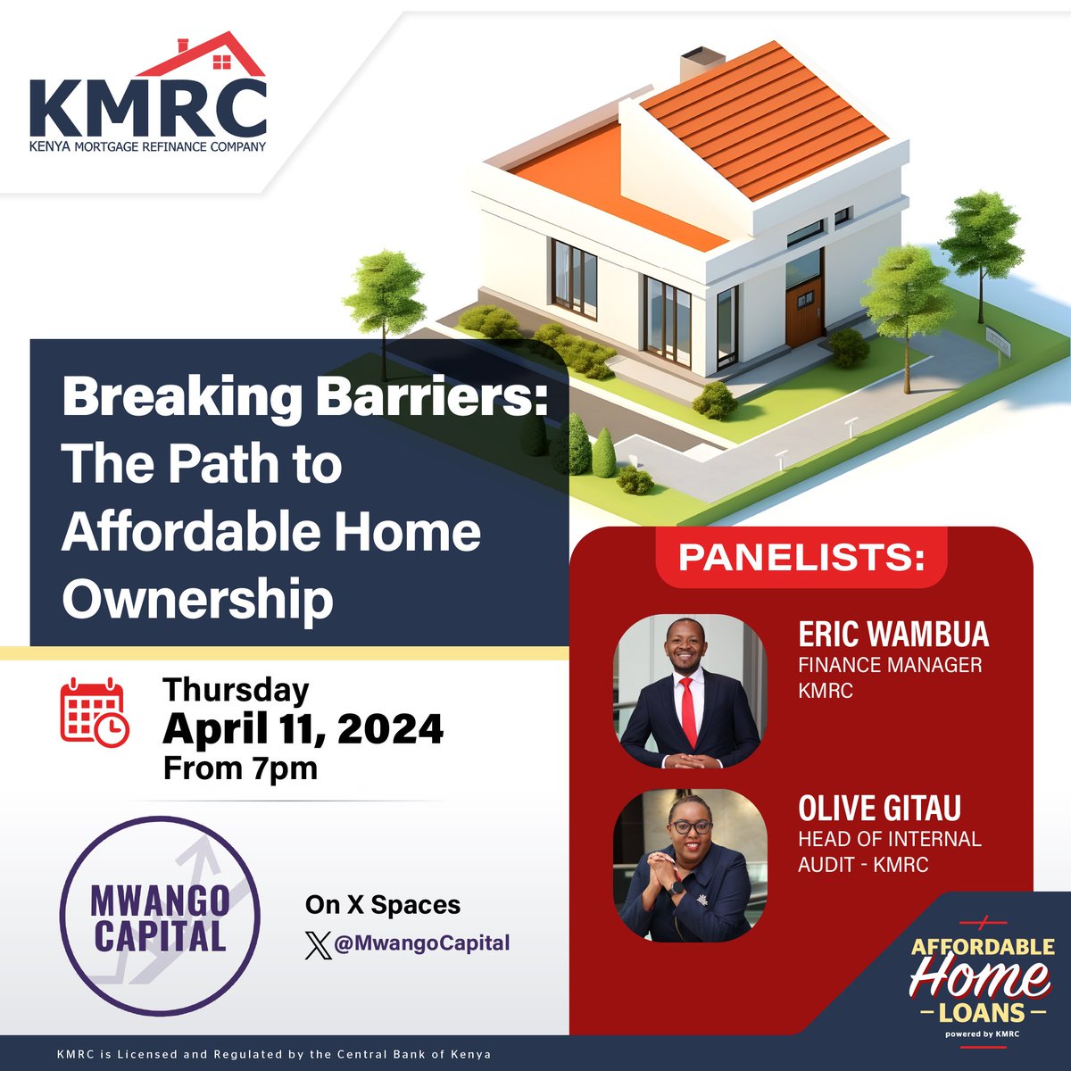 Join us on #MwangoSpaces on Thursday at 7pm EAT as we delve into the journey towards affordable home ownership together with guests from KMRC [@kmrc_co]. Guests: —Eric Wambua, Finance Manager —Olive Gitau, Head of Internal Audit. #AffordableHousing #KMRC #HomeOwnership