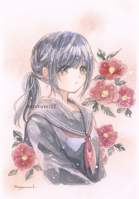 椿と学生#透明水彩 #アナログ絵 #oc 