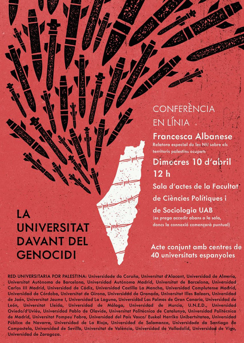 Des d'@escolapau ens afegim a la iniciativa 'La universitat davant del genocidi' i participarem a l'acte a la @UABBarcelona juntament amb 40 universitats espanyoles amb la retransmissió de la conferència de @FranceskAlbs