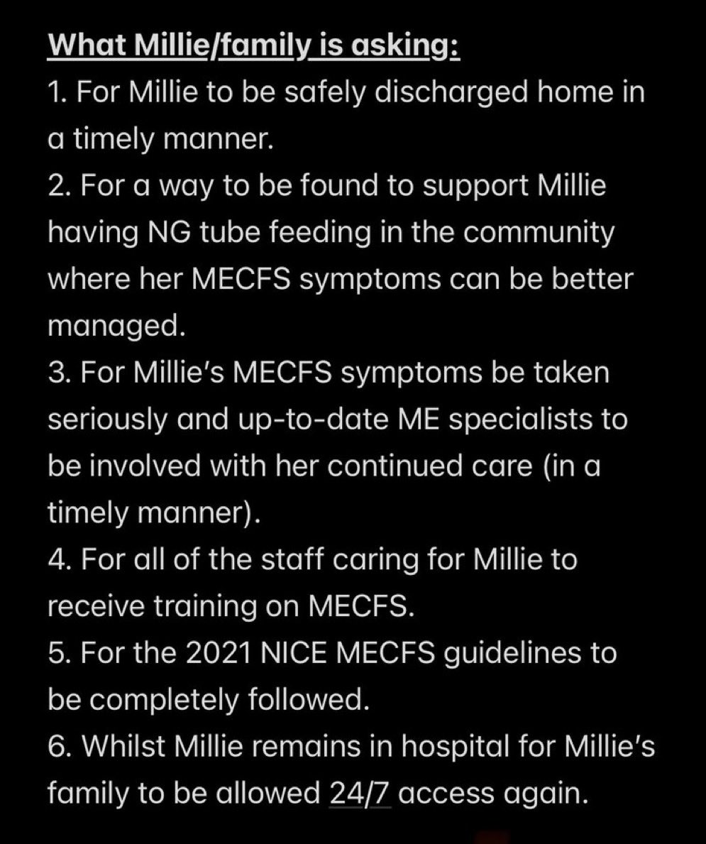 This is what Millie’s family is asking for, just this. Too many people with #SevereME have already died. Please let this be a turning point and let #ME be treated as the biophysical illness that it is for all patients. #DontLetMEDie #BringMillieHome 🙏