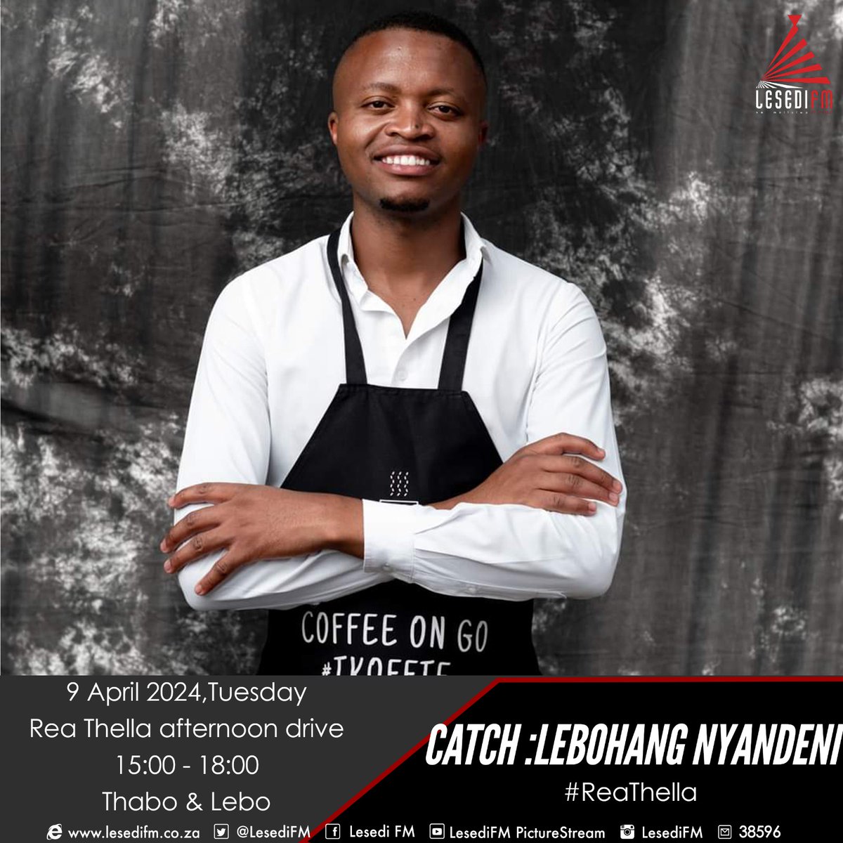 🎙️ Exciting Announcement 🎙️ Join us today on #ReaThella Afternoon Drive as our Managing Director, @LebohanNyandeni, will be live with Thabo Mokone & Lebo Maoela for The Hustlers Tuesday segment. Tune in to learn more about LebzCafé's journey to success! 📻🎙️ #LebzCafé ☕️