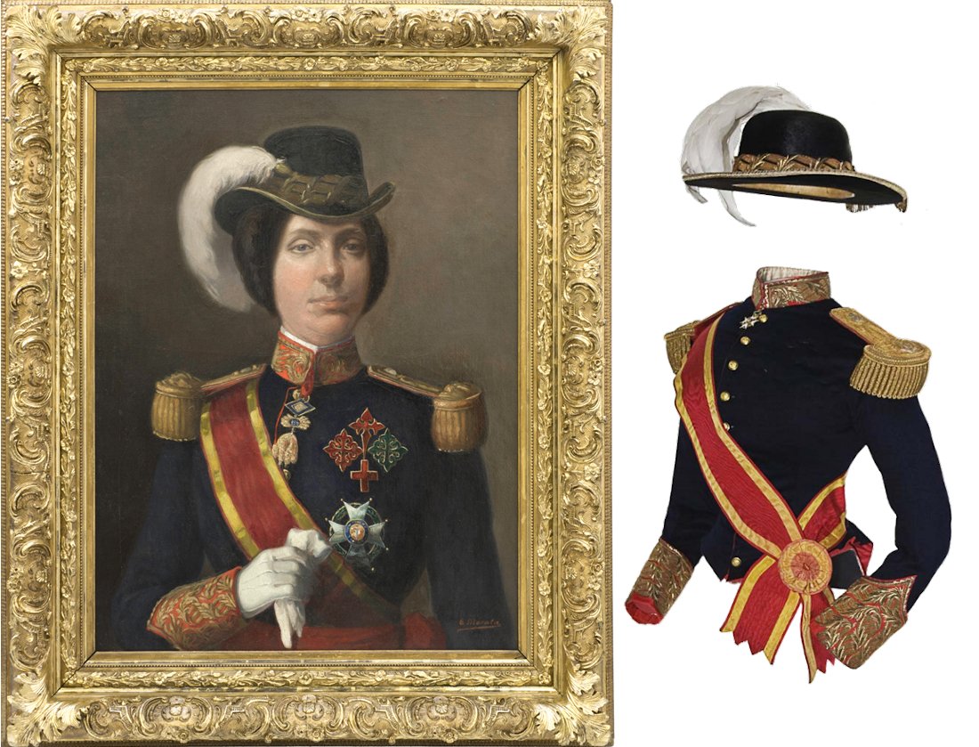 Tal día como hoy falleció la reina Isabel II en 1904. En el Museo del Ejército se conservan numerosos retratos, cabe destacar este en el que aparece ataviada con la casaquilla de gala de Capitán General conservada en el museo, junto al sombrero, faja, banda y charretas.