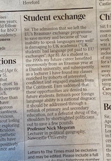 My letter in The Times this morning: why the Erasmus+ exchange program matters to UK universities. @RGS_IBG @NCL_Geography
