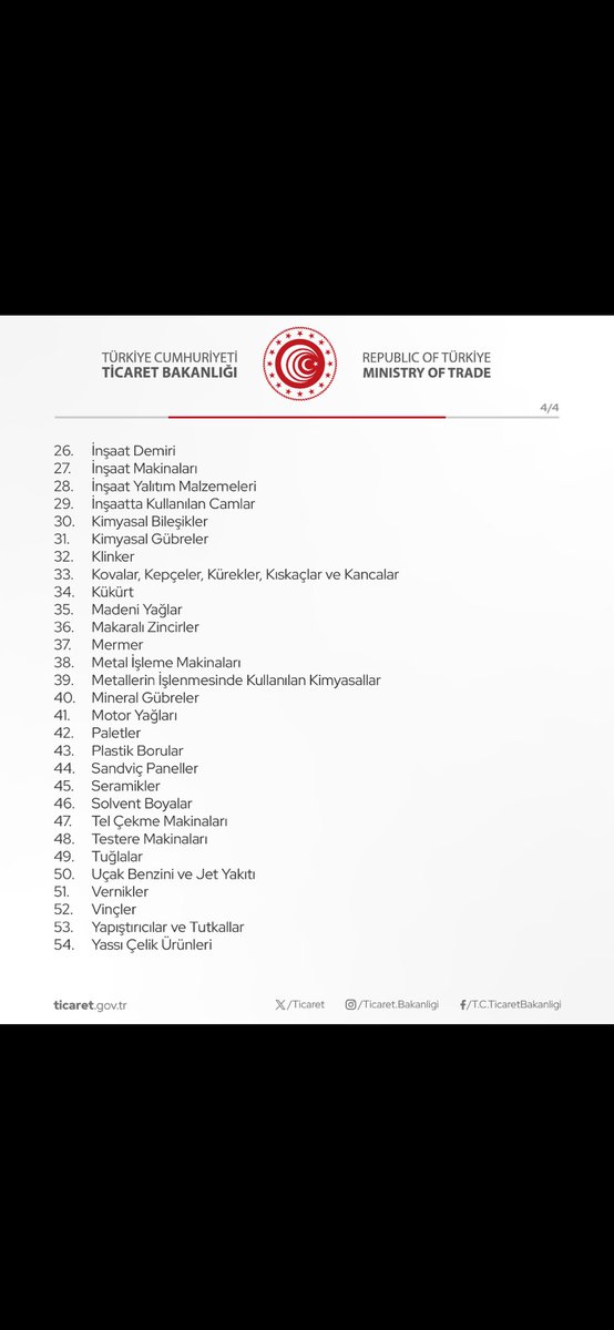 Ticaret Bakanlığı dünkü kararla alttaki ürünlerin İsrail'e İHRACATINA KISITLAMA getirdi. 1) İhracata kısıtlama var, ithalata yok. 2) Demek ki 6 aydır 'kısıt' yokmuş. 3) 50. maddede 'uçak benzini ve jet yakıtı' var! Bunu bana kimse izah edemez, beni kimse buna ikna edemez.