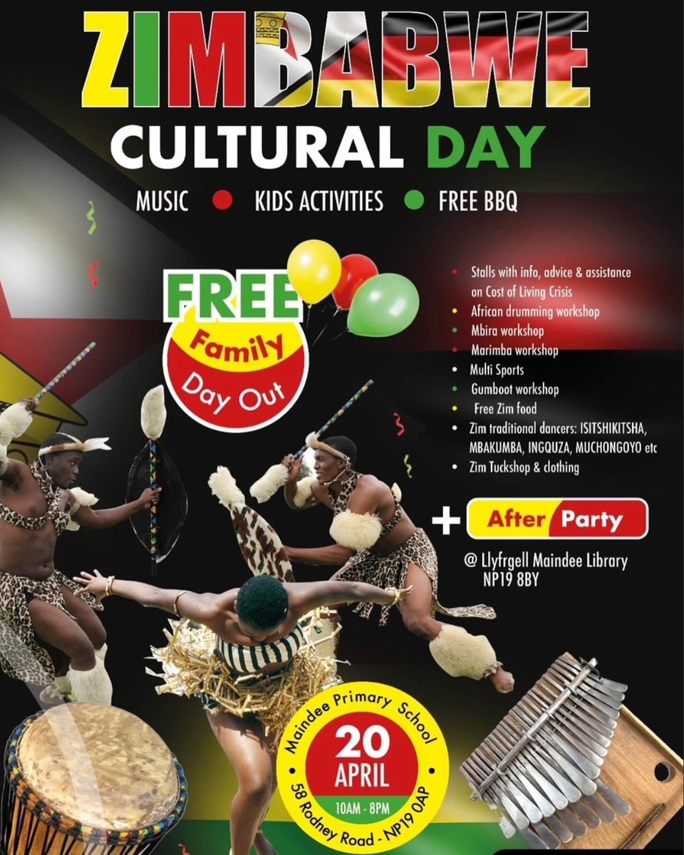 On Saturday April 20th, Robert and the Zimbabwe Newport Volunteering Association will be holding a Zimbabwe Cultural Day at Maindee Primary School, which looks set to be a really great free family day out - why not head on down? 

🧵(2/2)