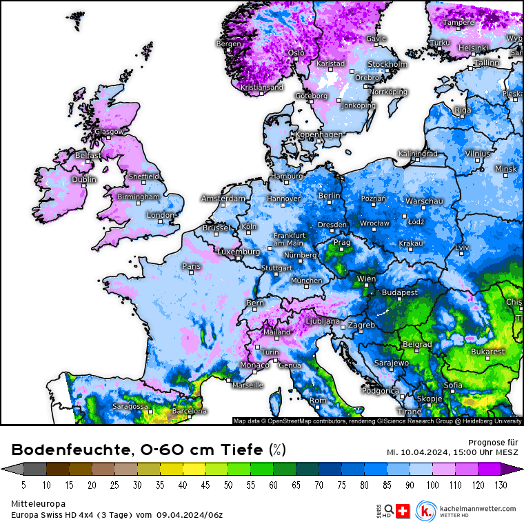 @skomimaster one more example why this anomaly-based drought index in your chart is rather useless. There is no drought in the Netherlands or NW Germany with the same color code. Comparing physical values, Belgrade with 55% soil moisture (% F.C.) vs. NL with 90% fits better, as usual: