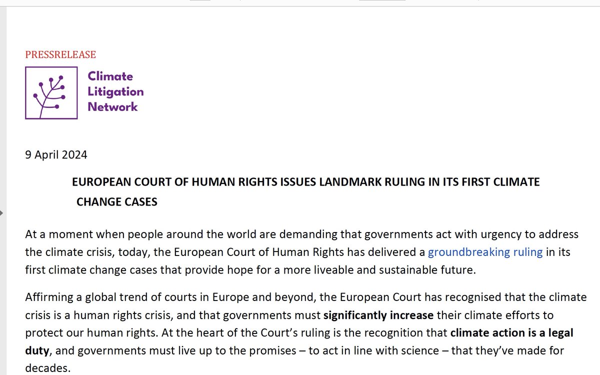 Press Release - voices from around the world on impact of today's ruling from European Court of Human Rights

The European Court has recognised that the climate crisis is a human rights crisis and govts must significantly increase their climate efforts 🧵

shorturl.at/jkPR3