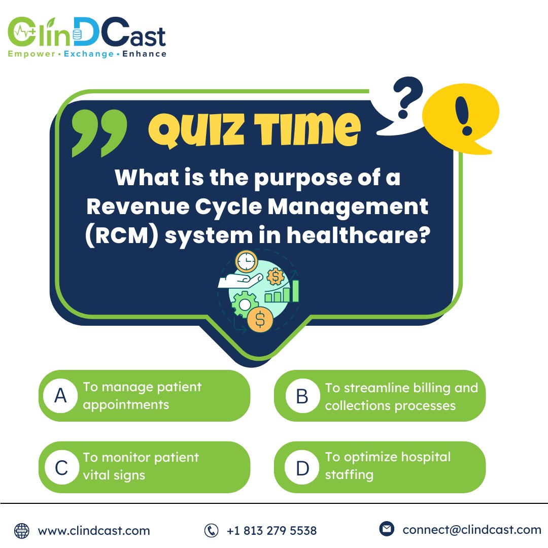 What is the purpose of a Revenue Cycle Management (RCM) system in healthcare? 

write your answers in comment section

#revenucecyclemanagement #RCM #healthcareit #healthcareinnovation #healthcarequiz #quiz #quizoftheday #quizzes #clindcast