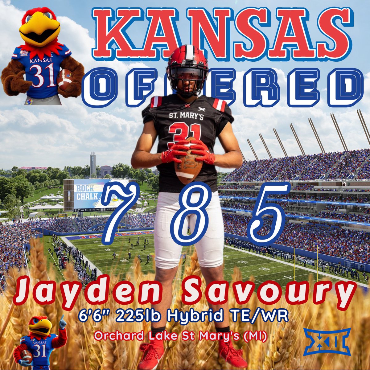 Congratulations to Orchard Lake St Mary's (MI) 2025 6'6' 225lb Hybrid TE/WR Jayden Savoury on his offer to attend The University of Kansas (@KU_Football ) .Special thank you to Head Coach Leipold and Assistant Coach Simpson (@CoachSimps). #kufootball #RockChalk @coachdixon_OLSM
