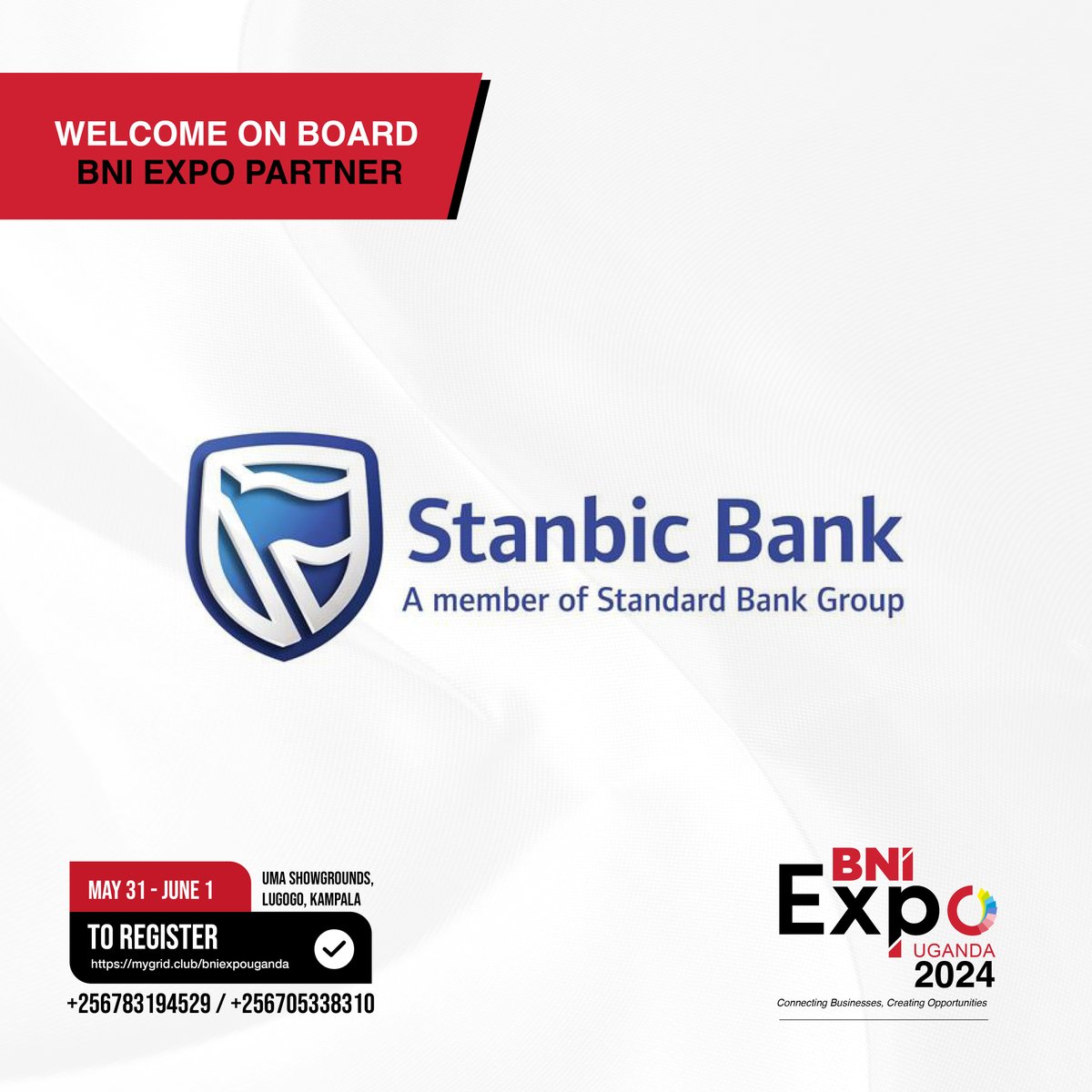 Join us in welcoming aboard @stanbicug app as an official BNI Expo Partner. You can secure your slot at just UGX 10,00/= Register to attend the 2 day event at the link below; zurl.co/ay13 #BNIExpo2024