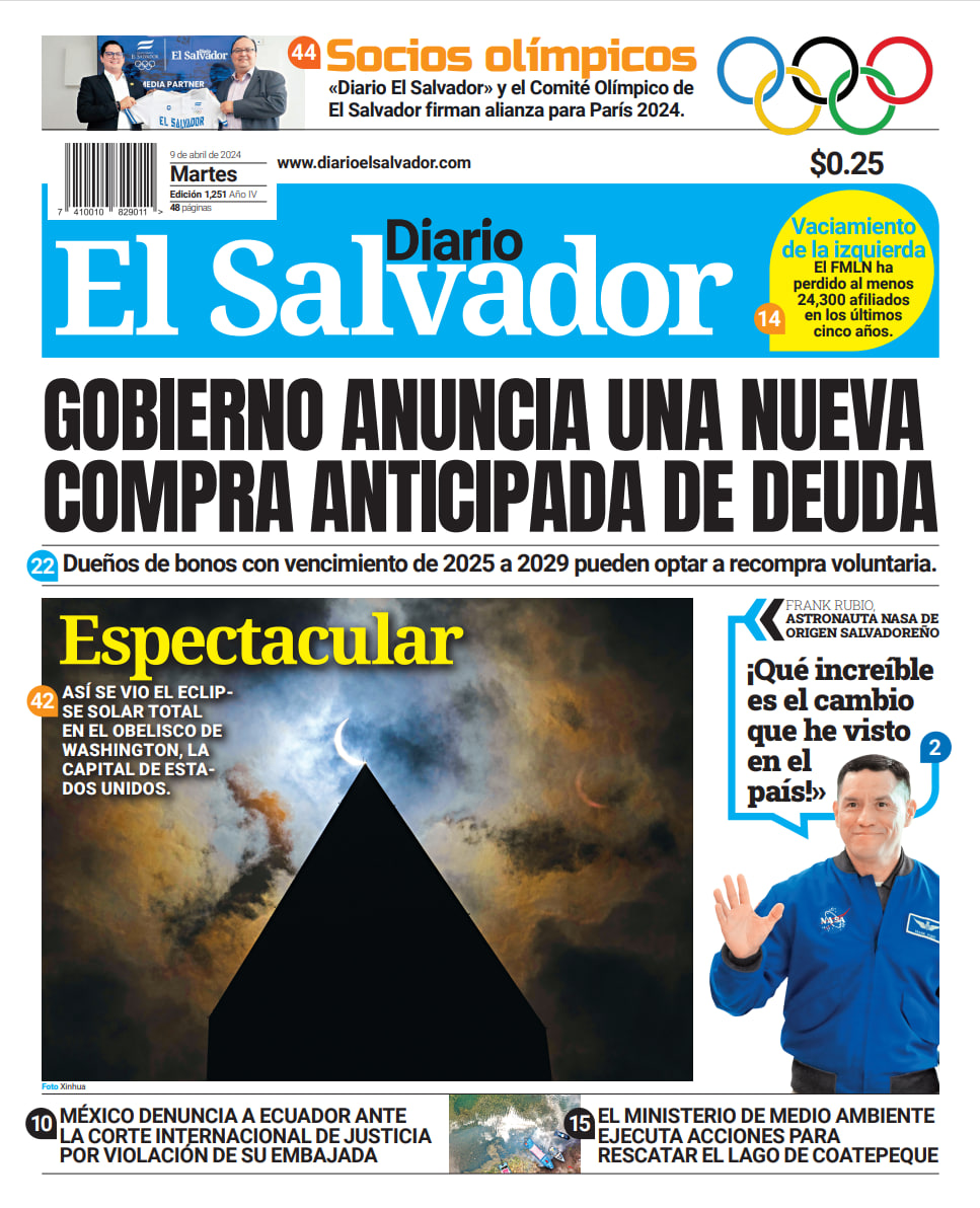 Esta es la portada de #DiarioElSalvador de este martes, 9 de abril de 2024. #DiarioES