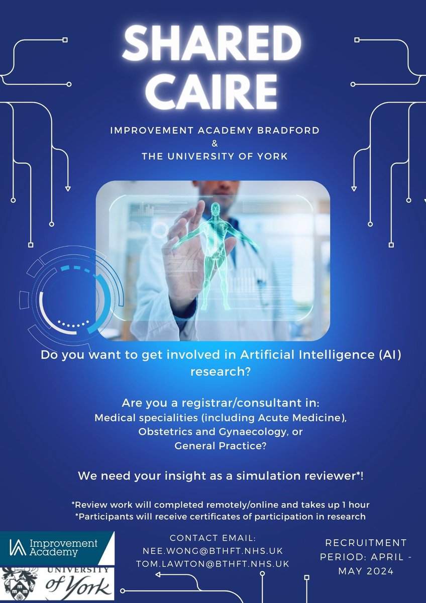 One of our clinical leadership fellows is looking for interested clinicians to participate in this research 💫 Please contact Nee via email if you’re interested artificial intelligence research in healthcare. @LawtonTri @Improve_Academy @YH_Trainees @FLP_Alumni