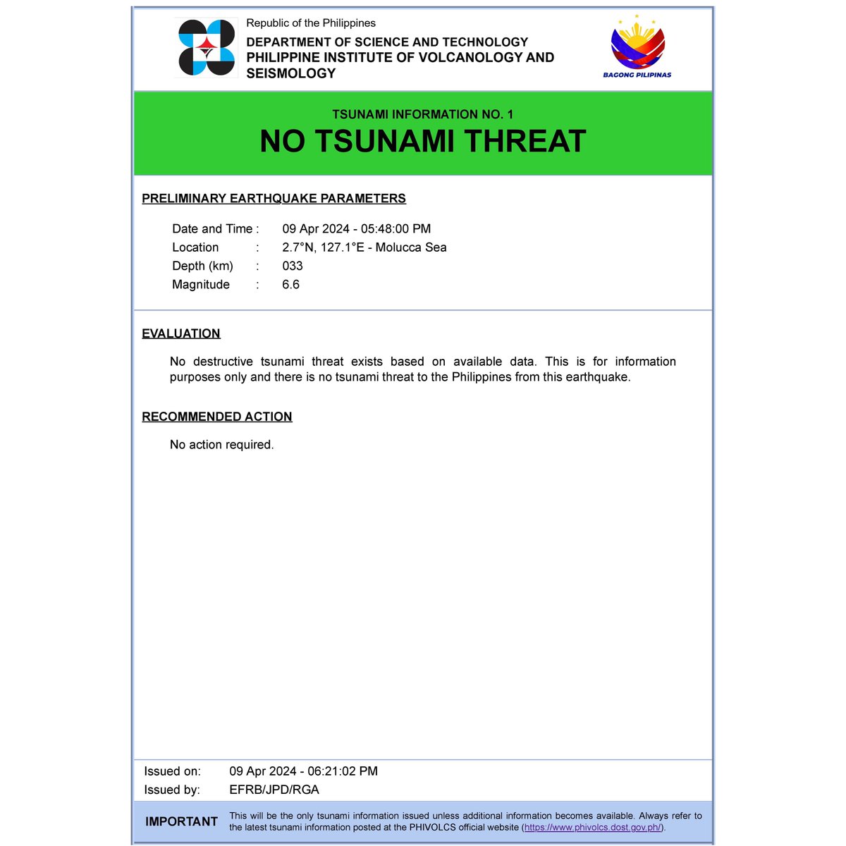 ⚠️ #TsunamiPH Alert: No #tsunami🌊 threat to the #Philippines Tsunami Info No. 1 🗓️ 09 Apr 2024 | 05:48 pm PhST 🚨 Magnitude: 6.6 | Depth: 33 km 📍 Location: #MoluccaSea 📸: @dost_phivolcs
