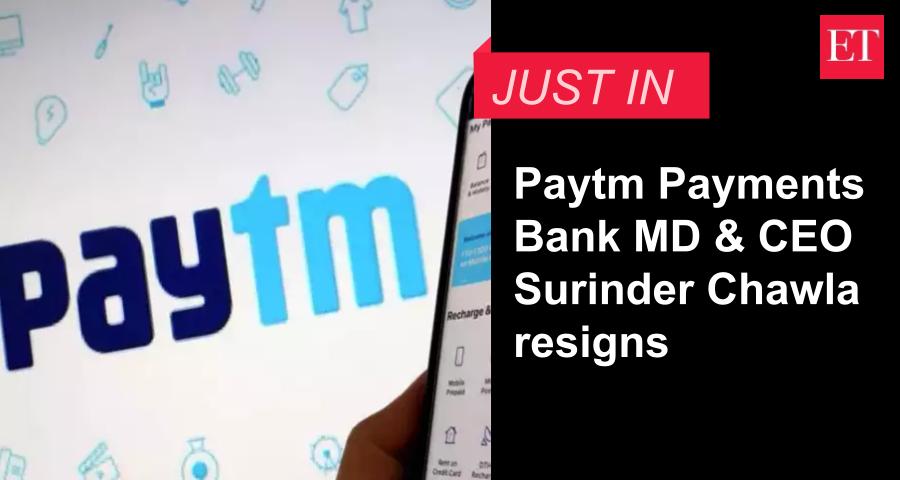 #PaytmPaymentsBank MD & CEO Surinder Chawla resigns 🔴 Catch the day's latest news here ➠ ecoti.in/5VQR4b 🗞️