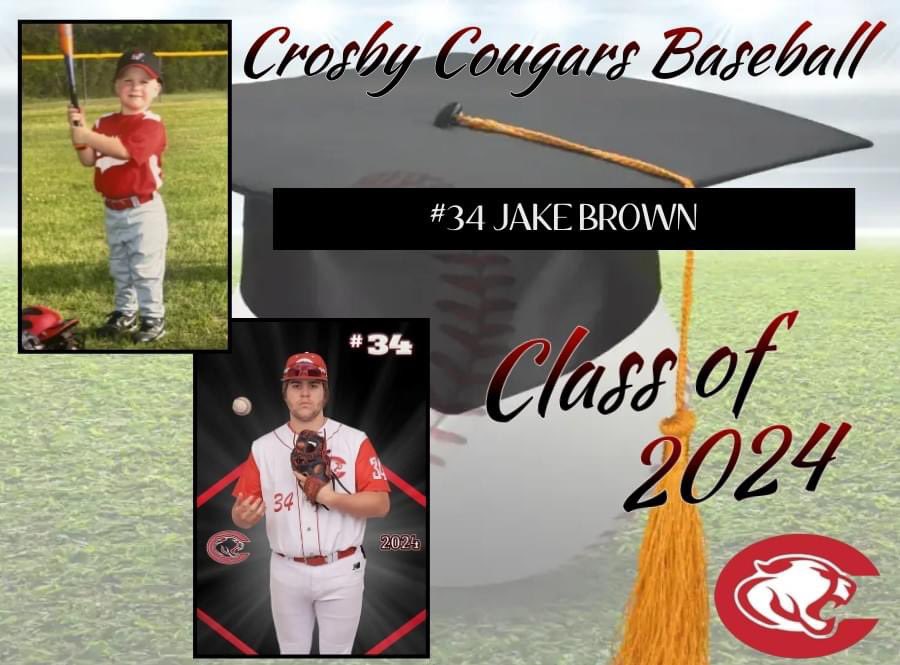 Senior, #34 Pitcher, 1st Base - Jake Brown

Jake is a 2-year varsity member.  His favorite food is steak &amp; his favorite athlete is J.J. Watt.

After graduation, he plans on attending San Jacinto College for process technology.

Help us send well wishes to this senior!