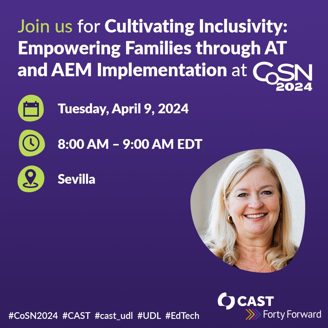 Join us TODAY at #CoSN2024 for our session on Cultivating Inclusivity with Christine Fox. Let's explore inclusive technology together! See you there! ow.ly/XVyZ50R7qg3 @CoSN #CoSN2024 #cast_udl #UDL #EdTech #EdTechChat