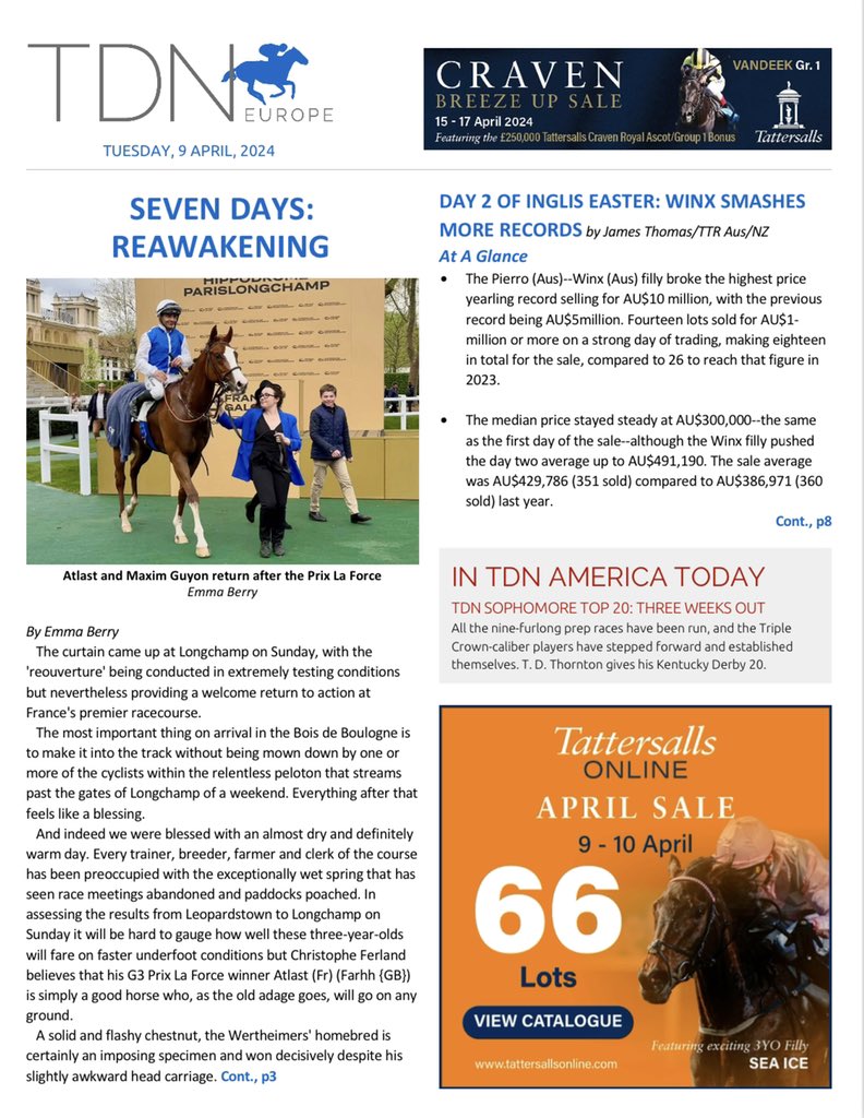 Tuesday’s TDN Europe ⬇️ ▪️ In her Seven Days column, Emma Berry discusses racing and budding stars across Europe as well as touches base on a more somber note regarding the passing of jockey Stefano Cherchi. ▪️ In a bidding war for the ages, Debbie Kepitis secured the Pierro…