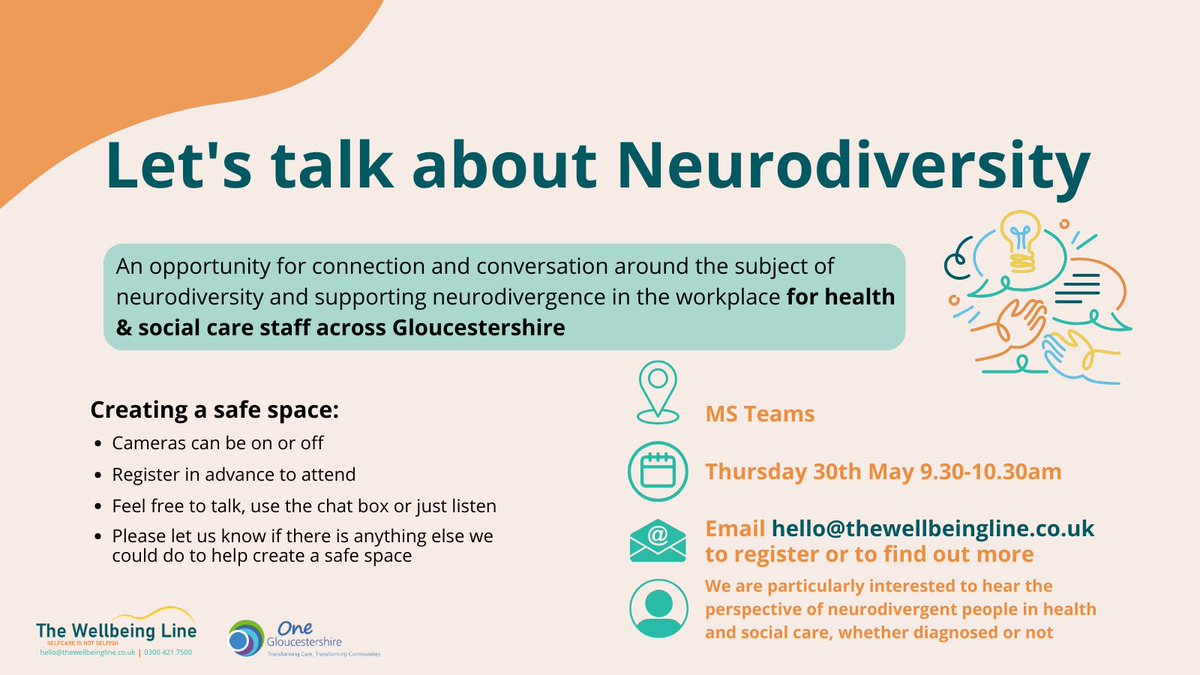 Get the next Let's Talk about Neurodiversity conversation in your diary now! 📅 Thursday 30th May 9.30-10.30am. Email hello@thewellbeingline.co.uk to book your place. @One_Glos @gcpagroup @ProudtoCareGlos @GlosHealthNHS @gloshospitals @NHSGlos @GlosCC @GlosVCSAlliance