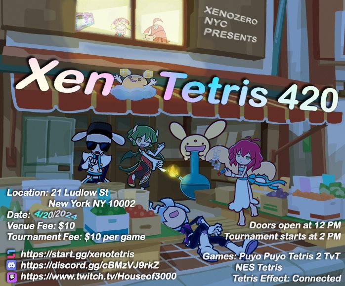 saltedbread's tweet image. Announcing Xeno Tetris 420

This is going to be the dankest Xeno Tetris we've had to date. We're going to have PPT, TEC, and NEStris like before. Please pre-register for the event at start.gg/xenotetris and check the discord for the latest update!