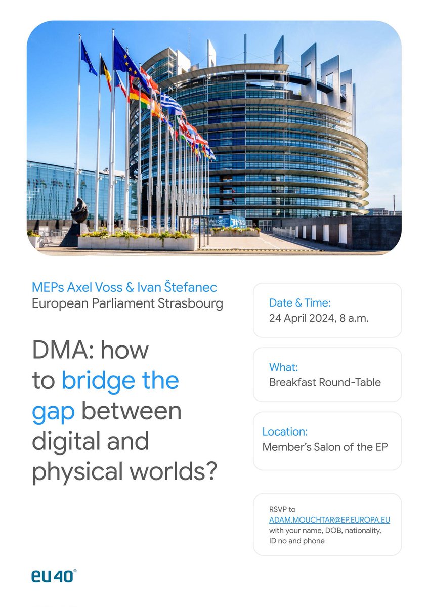 If you have something to say to about the tricky realisation of the #DMA into the messy reality of our semi-digital economy, then you should join this breakfast debate hosted by the MEPs @AxelVossMdEP & @IvanStefanec. Pls request participation @AdamMouchtar Seats are limited