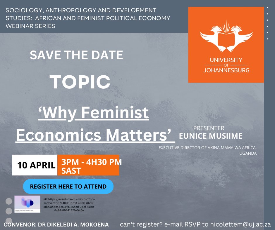 Ever asked yourself why feminist economics matters? That is the question Eunice Musiime will be answering in tomorrow's seminar. Join us at tomorrow, 10 April at 3pm, in person or online, as we tackle this question. 
#seminar #Feminism #economics