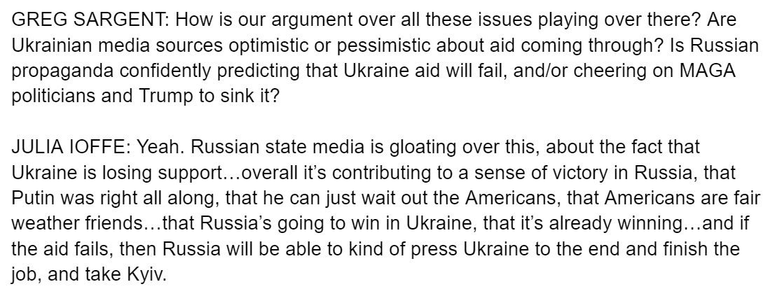 This is brutal. I asked @juliaioffe how our debate over aid to Ukraine is perceived in Ukraine and Russia. Check out her answer. If the US abandons Ukraine, the rising global far right will see it as a sign of the decadence of western liberal democracy. newrepublic.com/article/180543…
